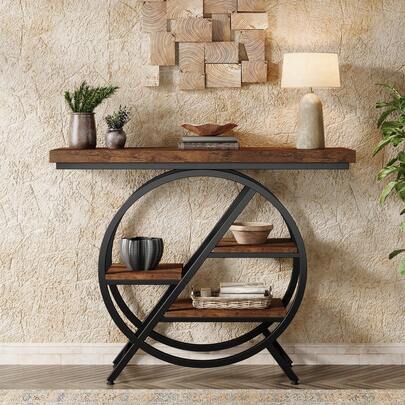 LITTLE TREE Industrial 4-Tier Console Table, 39.4" Narrow Sofa Table With Geometric Metal Frame & Thickened Tabletop, Entryway Accent Table For Living Room, Hallway, Foyer