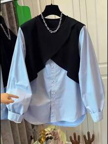 Women's Fashionable Elegant Casual Round Neck Long Sleeve Loose Dual-Color Blouse, Solid Woven Fabric, Front Button, Casual Office Daily Wear, Spring/Summer Shirt - Dark Blue - View 4