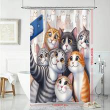 1件猫咪造型浴帘，可爱有趣，可用手机拍照，防水防霉，可机洗，涤纶材质，不透光，轻便透气。颜色可能因光线条件略有不同。包含12个挂钩 - 艺术浴室装饰。 - 彩色 - 查看 7