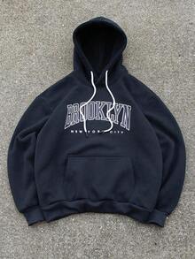 Popular Men's HoodiesManfinity Homme Extra Loose-Fit Men's Hoodie With Letter Print And Adjustable Drawstring  Letter Long Sleeve Hoodie, For Friends, Husband, Boyfriend Gifts, For Fall180g 100% Cotton - Màu xanh hải quân - Xem 1