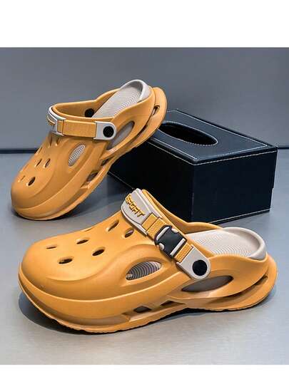 男士新款夏季户外纯色休闲EVA（乙烯-醋酸乙烯酯共聚物）镂空情侣沙滩凉鞋，厚底多功能花园鞋，适合居家、户外、四季穿着