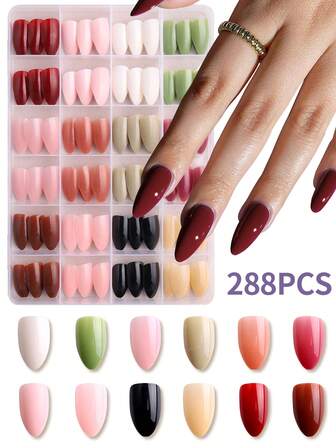 288pcs (12mixed) Long Almonds Design Acrylic Press On Nails Perfect Fit Acrylic Fake Nail Set, Manicure Glossy Full Cover Fake Nails, Easy To Wear Fall Nails Art For Woman Girl Daily Work Wear Rave Party Use
