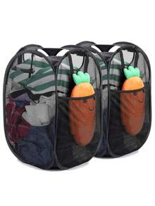 Collapsible Pop-Up Laundry Hamper Basket: Features Sturdy Handles & Side Pocket, Breathable Mesh & One-Second Pop-Up/Collapse Design.  For Efficient Dirty Clothes Storage & Easy Transport.  Perfect For Dorm Rooms, College Life, Laundry/Bathroom Organization, Travel & Small Spaces.  Ideal For Students, Travelers, Space-Saving Homes.  Black. - 黑色 - 查看 10