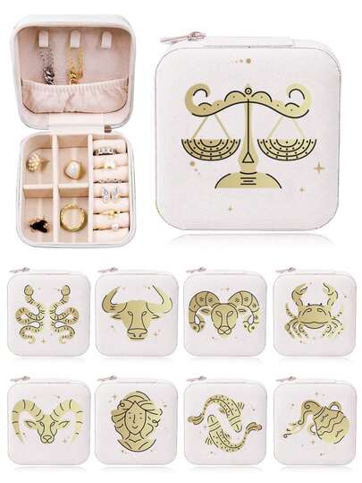 1pc 12 Zodiac Sign Pattern Jewelry Box, Portable Travel Jewelry Box, Square Zipper Jewelry Box, PU Leather Jewelry Box, Fashionable Personalized Leather Mini Jewelry Box, Suitable For Storing Earrings, Necklaces, Rings, Dust-Proof Small Jewelry Storage Box