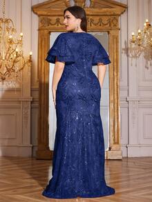 XUIBOL High Quality Stretchy Elegant Sequin Patchwork Super Fitted Plus Size V-Neck Evening Cocktail Party Wedding Anniversary Family Formal Gala Bridal Shower Birthday Celebration Short Sleeve Luxurious Dignified Mother Of The Bride Dress (Heavy Embellishment) - Navy Blue - View 3