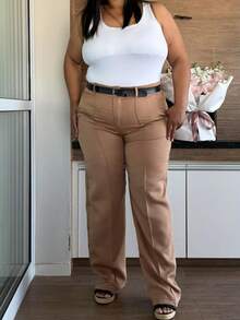 Straight Leg Plus Size Tailored Trousers 46-50 With Belt, Button And Zipper Closure 8827 - 米色 - 查看 2