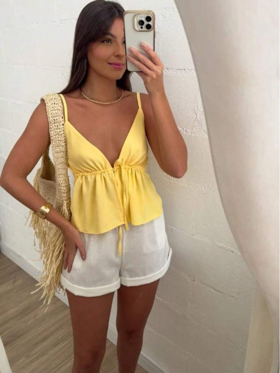 Women's Cropped Tank Top With Front Opening, Adjustable Tie, And Adjustable Straps - Spring 2025 Summer - Yellow - View 1
