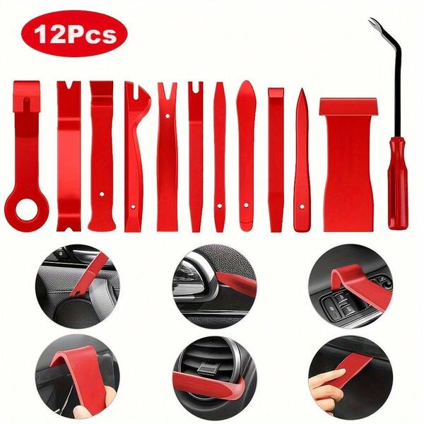 12 قطعة مجموعة أدوات إزالة تريم السيارة، طقم أدوات إزالة مشابك السيارة لفك مشابك المصد والبراشيم والمشابك في باب السيارة وألواح لوحة التحكم والصوت والفيديو، أدوات بلاستيكية لفك وإصلاح السيارة