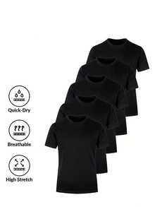 5pcs/Set Men's Solid Color Crew Neck Short Sleeve T-Shirt Set, Summer - Black - View 5