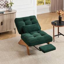 Modern Adjustable Backless Lounge Chair Made Of Fabric With Footrest, Lumbar Cushion And Wooden Legs For Living Room/Bedroom/Study - Emerald + Corduroy - View 9