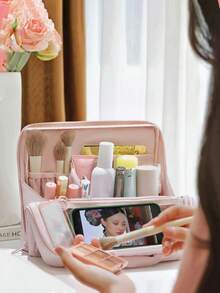 分格竖款化妆包 - 大容量旅行化妆品收纳包，多功能隔层设计，柔软材质，便携式桌面护肤美容工具收纳盒，女士礼物，圣诞礼物，女士送礼佳品 - 彩色 - 查看 3