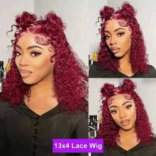 Burgundy 99J Short Deep Wave Lace Front Wigs Human Hair Glueless Wigs Pre Plucked With Baby Hair 250 Density 13x4 HD Transparent Bob Lace Frontal Wigs For Women Brazilian Virgin Kinky Curly Human Hair Wig Natural Hairline - Màu Đỏ Sâu - Xem 7