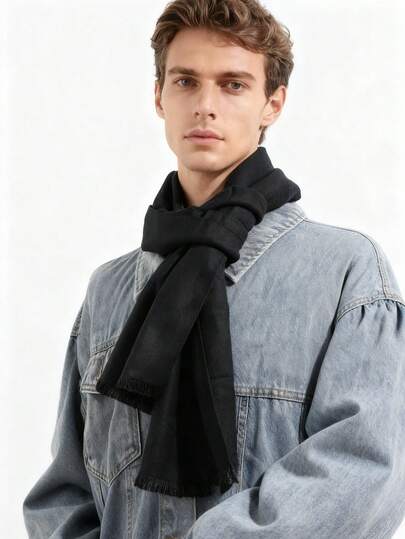 1pc Men's Casual Versatile Short Tassel Solid Color Scarf, Black, Suitable For Winter Clothes, Daily Commute And Outings