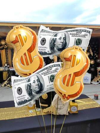4件套钞票气球套装，包含美元钞票和美元符号铝箔气球，适用于生日派对装饰、金钱主题派对、赌场主题派对、趣味金钱主题派对、银行室内背景装饰气球、主题派对装饰