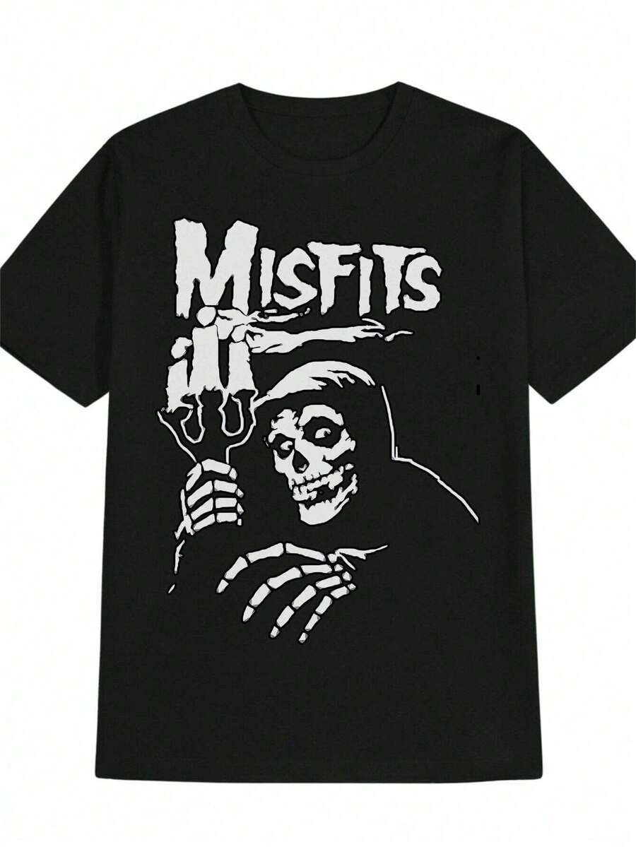 Misfits Graphic Print Men's-Shirt - Black Casual Crew Neck Tee With Skull & Text Design, Lightweight Polyester Summer Shirt Adults, Fan Merchandise|   Edgy Casual Style|   Polyester Fabric - màu đen - Xem 1