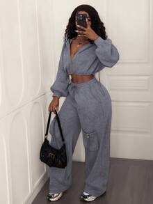 2pcs/1set Women Casual Solid Color Oversize Plain Cropped Hoodie And Sweatpants Set, Autumn/Winter Fall Cloth For Women,Gray Two Pieces Set,Women Comfortable Two Pieces Set - Grey - View 2