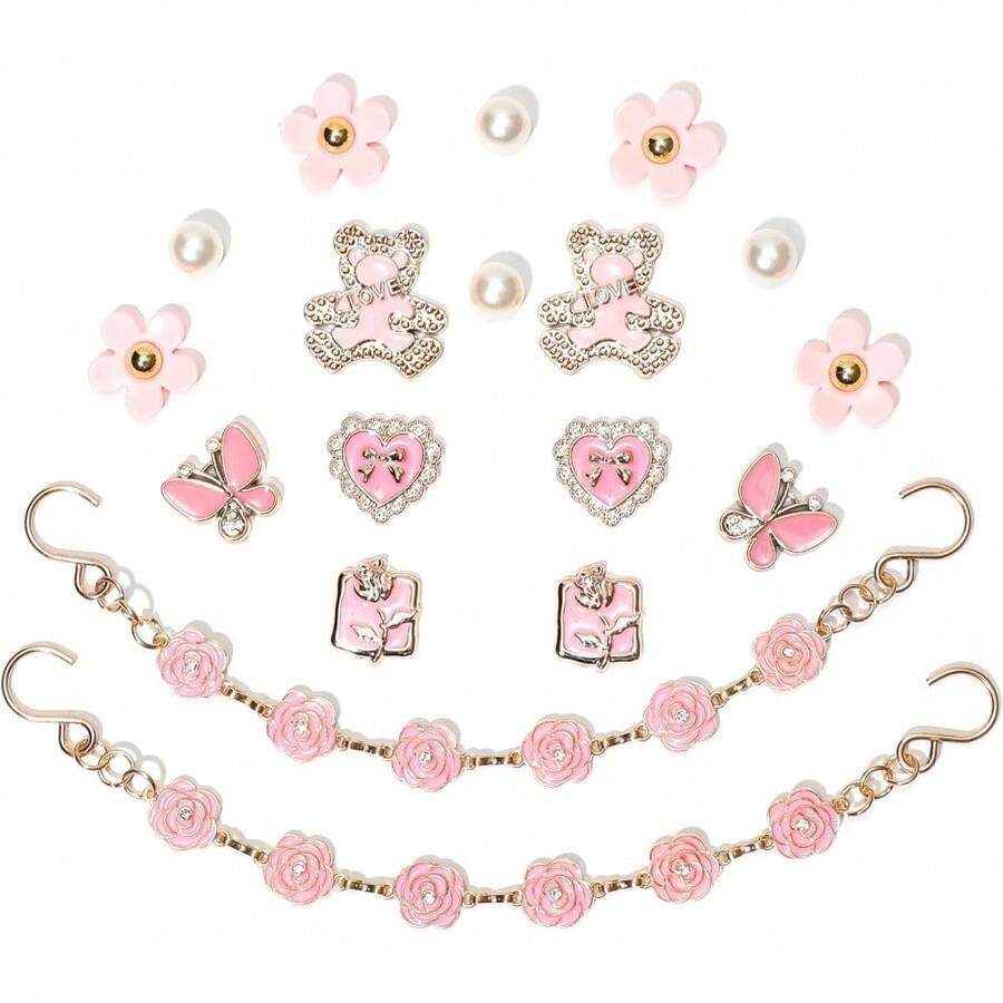 18Pcs Flower Shoe Chain Charms For Women, Bling Shoe Charms For Girls Clog Sandals, Girly Shoe Chains, DIY Shoe Decoration Accessories For Party Favor - 粉色 - 查看 1