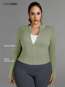 Plus Size Women's Activewear Jacket With Thumb Holes, Funnel Neck, Light Green, Suitable For Yoga, Gym, Running, Cycling, Everyday Wear Spring - Màu xanh Bạc hà - Xem 10