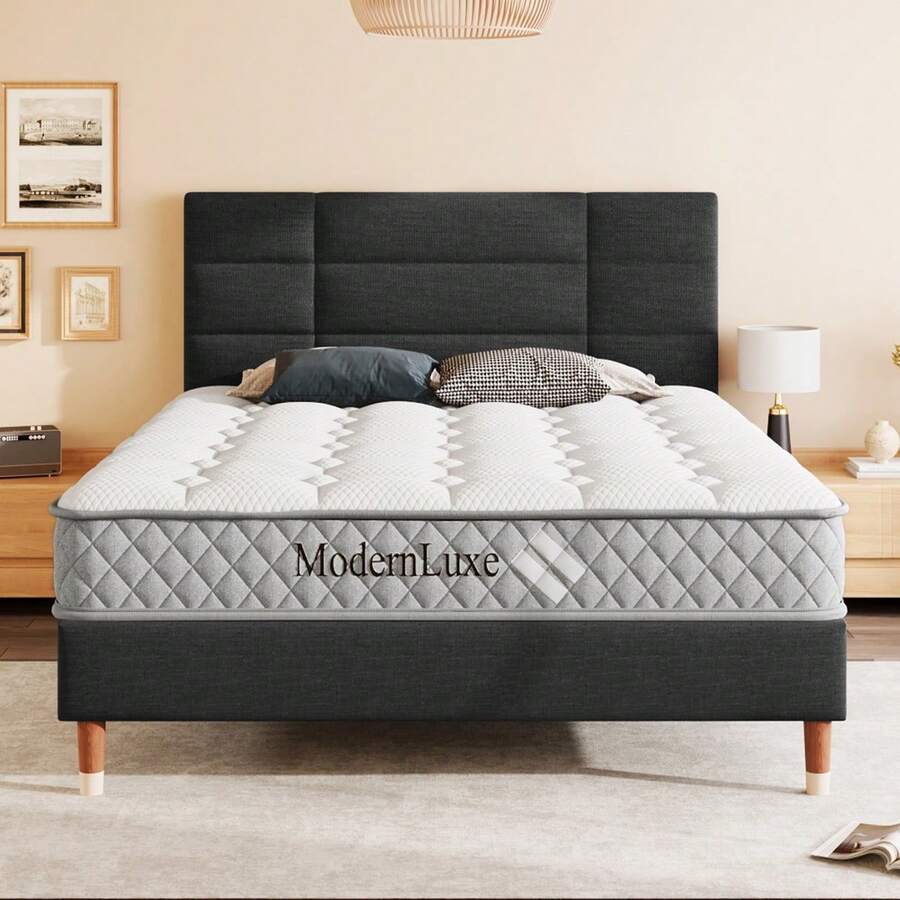 Cama tapizada, cama doble con caja de almacenamiento y latticestraat, marco de cama de 140x200cm con cabecero, para adultos y jóvenes, (con colchón de núcleo de muelles) - Negro + Madera maciza + Conjunto de 2 piezas + 140cm*200cm - Ver 1