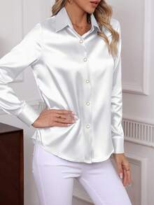 Elegant Satin Shirt For Women, Classic Soft Comfortable Single-Breasted Long Sleeve Solid Color Blouse, 2025 New Arrival - White - View 5