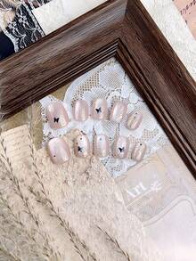 10PCS High Quality Handmade Short Sequined Cat Eyes Paired With Butterfly Tie Stickers For Exquisite And Elegant Press On Nail Art. Suitable For Women, Girls, Dance Parties, And College Style Acrylic Square Nails With A Simple And High-End Feel. Fake Nails Come With Jelly Glue And Rubbing Strips