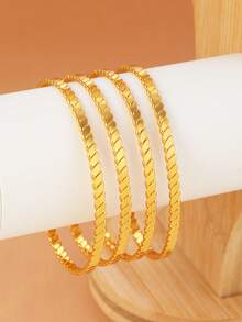4pcs 18K Gold Plated Copper Striped Bangle Bracelets, Fashionable & Unique, Suitable For Women's Party, Gift, And Daily Wear - Yellow Gold - View 3