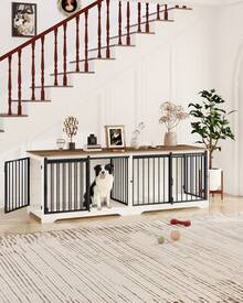 HEXCELEN 78" Dog Crate Furniture With Divider, Dog Crate Barn Door, Dog Kennel Indoor, Wood Dog Crate For 2 Dog Small/Medium/Large Dog, End Side Table, Anti-Chew Anti-Escape, White Brown - 白色/棕色 - 查看 1