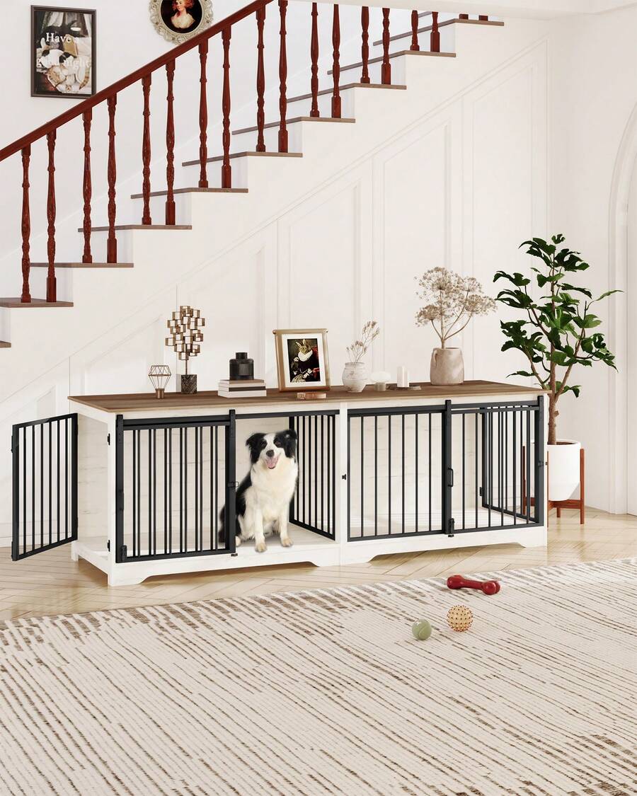 HEXCELEN 78" Dog Crate Furniture With Divider, Dog Crate Barn Door, Dog Kennel Indoor, Wood Dog Crate For 2 Dog Small/Medium/Large Dog, End Side Table, Anti-Chew Anti-Escape, White Brown - 白色/棕色 - 查看 1
