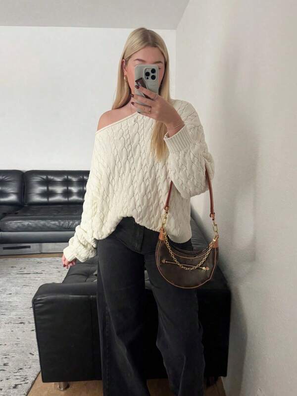 Comfortable Women's Cable Knit Long Sleeve Off-Shoulder Sweater, Ribbed Knit Pullover