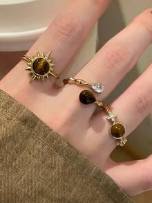 3件套时尚虎眼石向日葵装饰开口戒指，适合女士日常佩戴