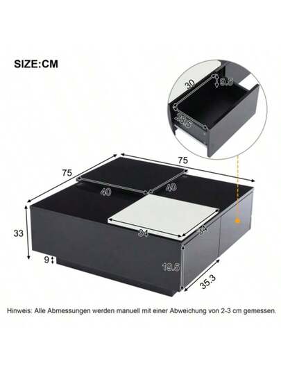 Moderne Square High Gloss Zwart Sofa 75*75*33.5 Cm Slatted Base, Small Sliding Tabletop In Contrasting White, Max. Load Capacity 30 Kg view 10