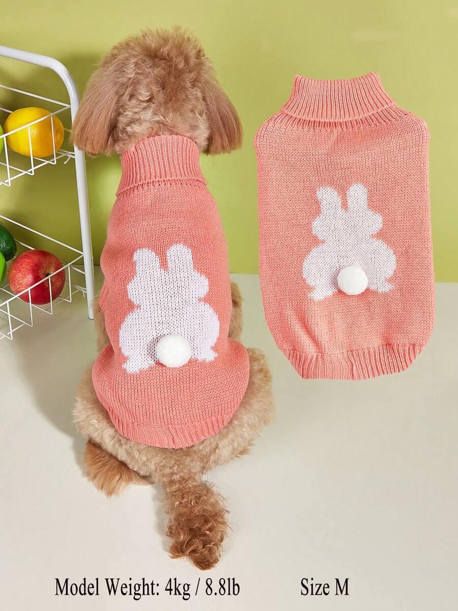 1pc Pet Sweater, Autumn/Winter Knitted Elastic Turn-Up Collar Design, Solid Color Cute Rabbit Pom Pom, For Small Dogs And Cats - Pink - View 1