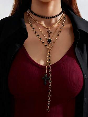 4件套复古心形十字架叠戴项链套装，女士日常佩戴首饰，玻璃镶嵌