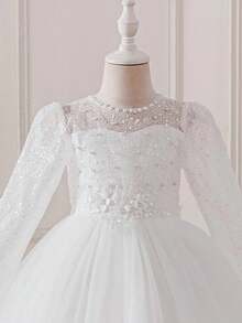 亮红色公主薄纱连衣裙，蕾丝和串珠细节，优雅长袖网纱连衣裙，适合婚礼，钢琴鸟图案，涤纶派对礼服，婚礼宾客礼服