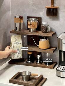 1 pieza Estantería de 3 niveles de gran capacidad con acabado de grano de nogal, estilo nórdico, color nogal, forma trapezoidal, para almacenamiento de accesorios de café/rincón de café, organizador de escritorio multiusos, almacenamiento de cosméticos/regalo de cumpleaños - Marrón - Ver 2