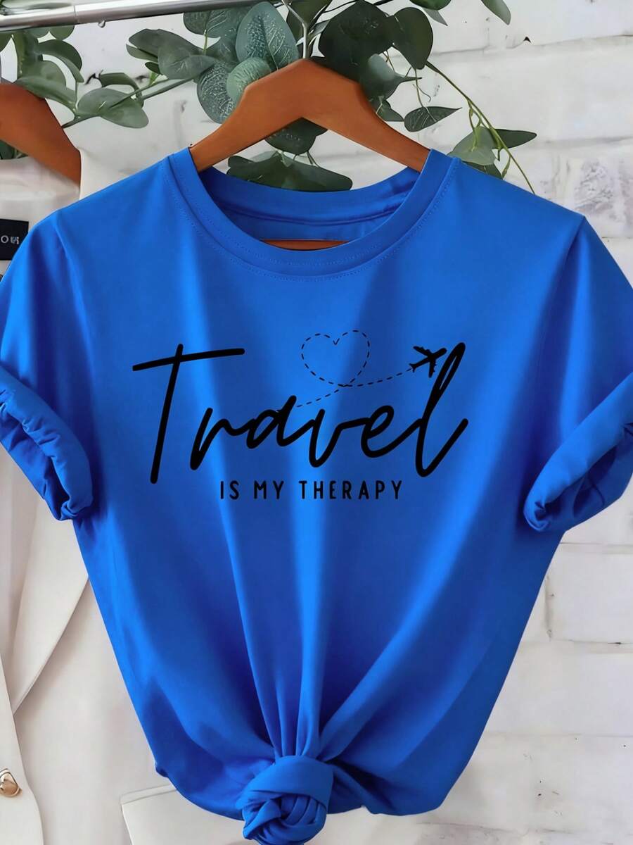 Women's Cotton T-Shirt, "Travel Is My Relax" Letter,Airplane & Heart Print,Blue Loose Round Neck Short Sleeve Tee,Breathable For Summer Daily Wear - 藍色 - 查看 1