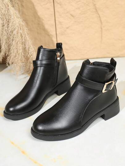 厚底青少年靴，时尚腰带扣装饰靴，舒适百搭的真皮靴