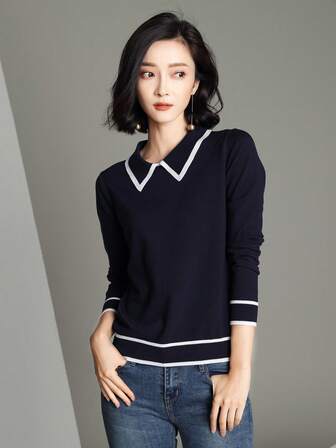 Plus Size Women Elegant Sweater, Fashionable Collar And Long Sleeves, Ribbed Knit Design With Contrasting Trim, High Stretch Fabric, Comfortable And Fitted, Perfect Regular Length