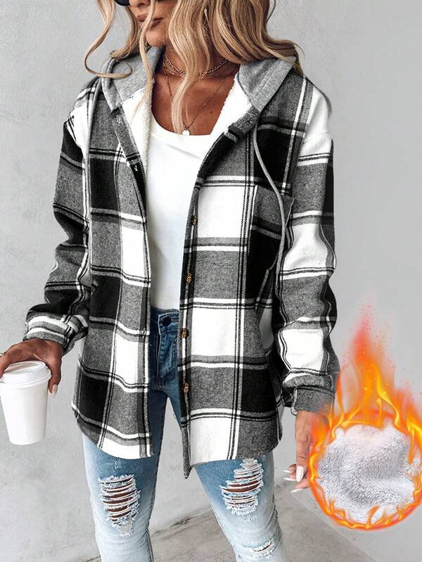 Plaid Print Buttoned Hooded Shacket