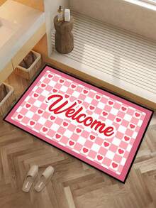 1件格子爱心“欢迎”图案门垫，聚酯纤维材质，节日风格，可机洗，适用于客厅、厨房、卧室、玄关、家居装饰，四季皆宜。 - 粉色 - 查看 10