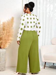 BIUBIU Damen Große Größen Herbst und Winter Pendler Alltags Lässig V-Ausschnitt Langarm Asymmetrischer Saum Kontrast Polka Dot Top und Taille gerade Hose Zweiteiler Set