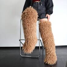 Women's Thigh High Fur Boots Faux Fur Fluffy Flat Warm Over The Knee Boots Tall Furry Snow Shoes For Women - 棕色 - 查看 3