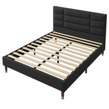 Double Bed With Slatted Base, 140x200cm, Padded Bed Frame With Headboard, In Black Linen, For Adults And Young People, (Mattress Not Included) - Black+Solid Wood+140cm*200cm - View 9
