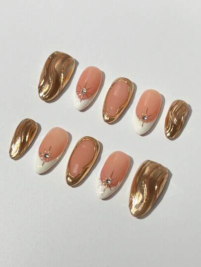 0 Stück handgefertigte Almond Press-On Nägel, französischer Stil in Weiß und Goldplattiert, mit Malerei und Hexagramm, Goldplattierte Linien und Kanten, weiße Kristallverzierungen, abnehmbar und wiederverwendbar, sanft und elegant, geeignet für Mädchen & Frauen für den Alltag, Weihnachten, Neujahr, Feiertage, Partys, Winternageldekorationen, mit Gelee-Kleber und Nagelfeile