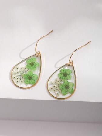 1 Pair Teardrop Forget-Me-Not Dried Flower Resin Earrings, Suitable For Women's Daily Wear