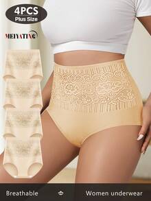 4pcs/Pack Plus Size High Waist Tummy Control Women's Breathable Mesh Panties