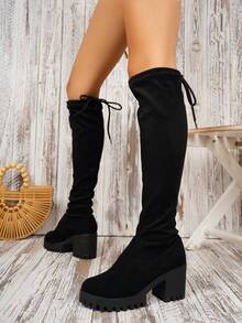 Bottes hautes à talons épais avec laçage dans le dos pour femmes grandes tailles, couleur unie - Noir - Voir 3