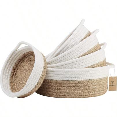 5-Piece Round Small Basket Set- Cotton Rope Woven Baskets For Organizing! Storage Basket For Montessori Toys Fruits Remotes Bathroom Desk Key Tray Bowl For Entryway Shallow Catchall