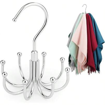 Lan-Scarf Organizer Scarf Hanger For Closet Rotatable Sturdy Hijab Holder Holds 8 Scarves Metal Space Saving Closet Organizers And Storage SilverMX-178