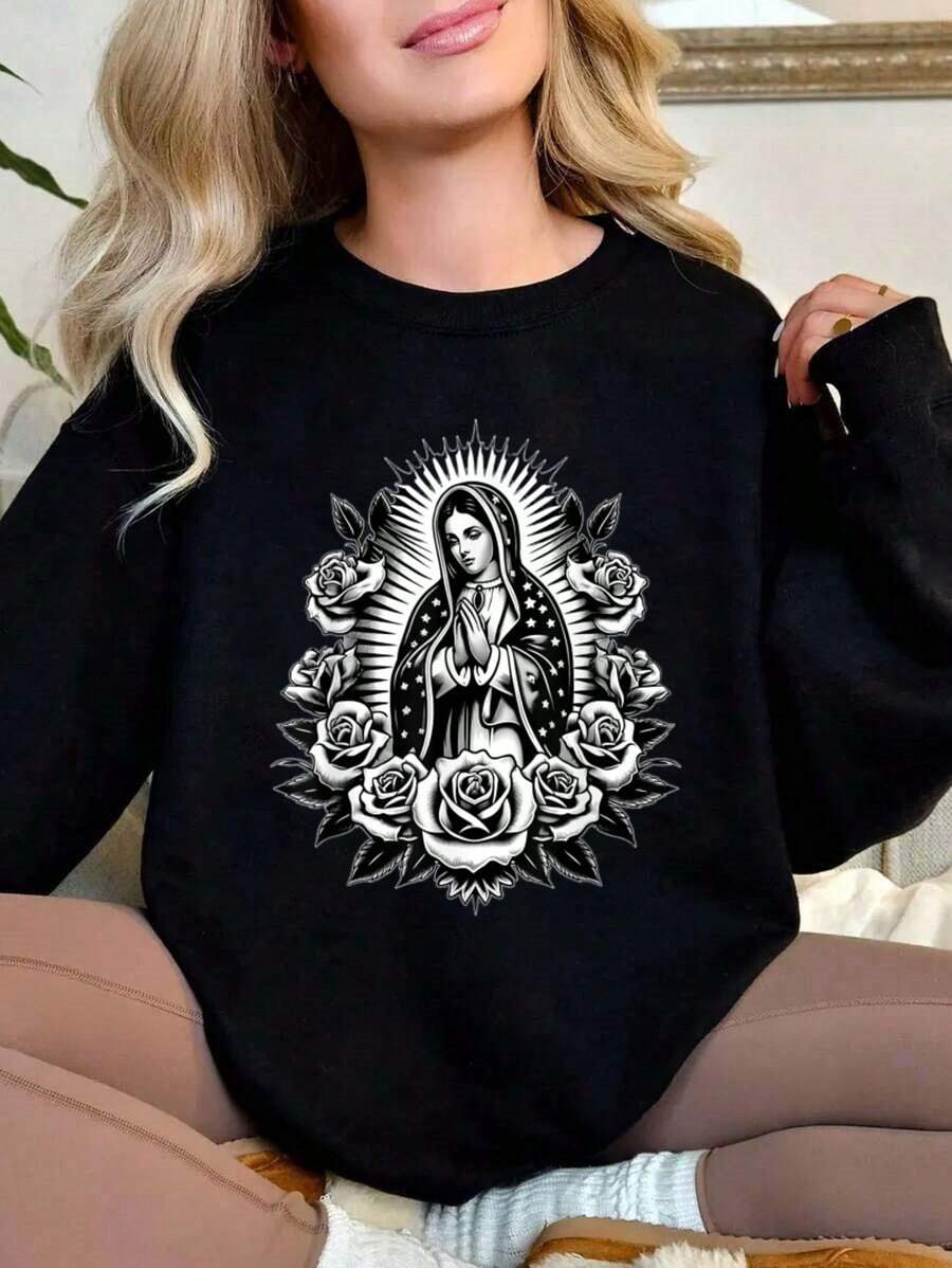 Mexican Things Apparel Co Virgin Of Guadalupe Virgin Mary Virgencita Floral Fall Clothes For Women - Black - View 1
